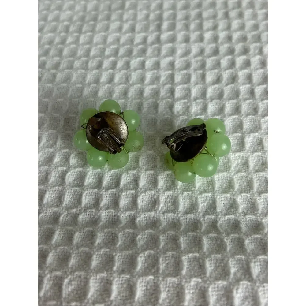 Vintage West Germany Green Glass Bead Cluster Clip On Earrings Grapes